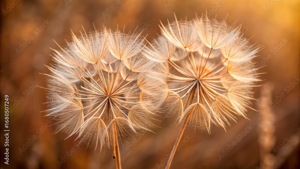 Fototapeta premium Rare flower species in field glow warm light, delicate seed head detail, soft focus background, gentle nature mood, closeup calm beauty