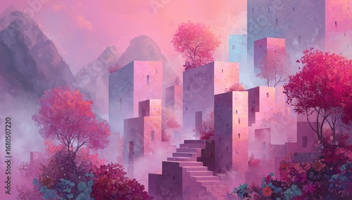 Pastel-hued city nestled in a valley of mountains.  Soft light bathes the scene in pink and purple tones.  Trees with vibrant autumn colors dot the landscape.  Buildings appear textured and low-rise.
