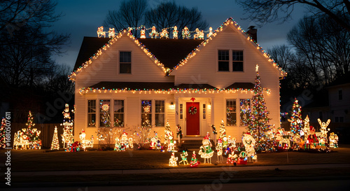 A house with a festive holiday lighting display