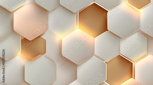A sophisticated geometric design featuring layered hexagons in light beige and golden hues, creating a sense of depth and dimension.