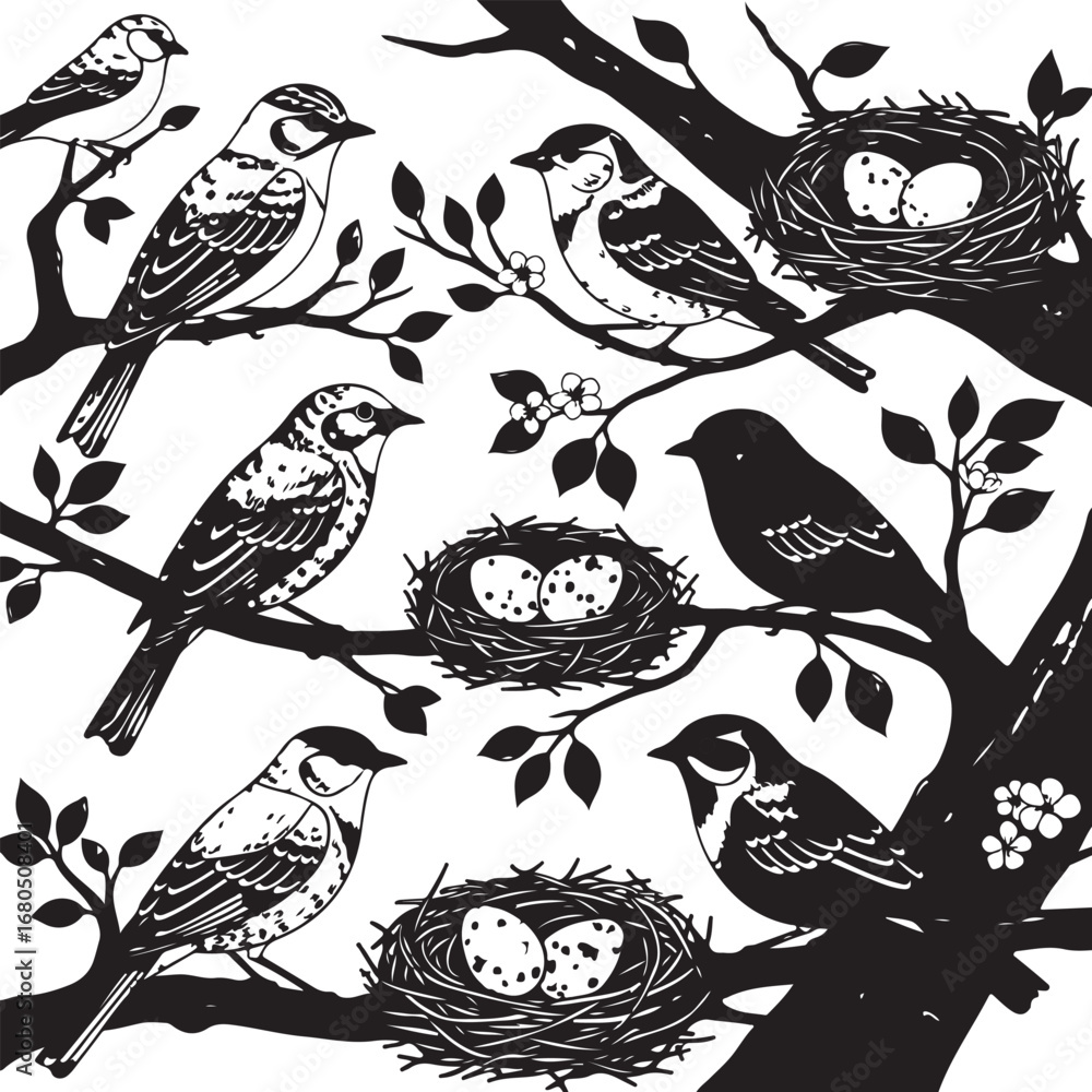 Obraz premium Black and white illustration of birds and nests on branches