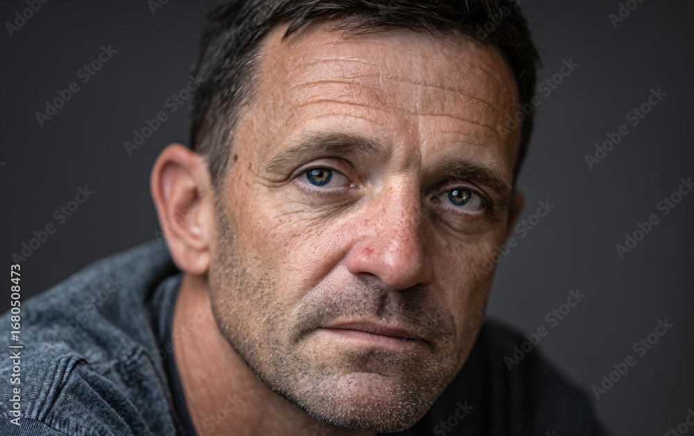 Obraz premium a portrait of chris pullin, a middle-aged man with short hair and light blue eyes, wearing casual attire, looking directly at the camera against a dark background. 