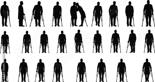 Injured man silhouette with crutches, medical recovery, hospital patient, rehabilitation support, disability care, doctor assistance, healthcare treatment, orthopedic recovery illustration