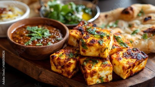 Close-up paneer tikka thali arrangement with naan and curry bowls.