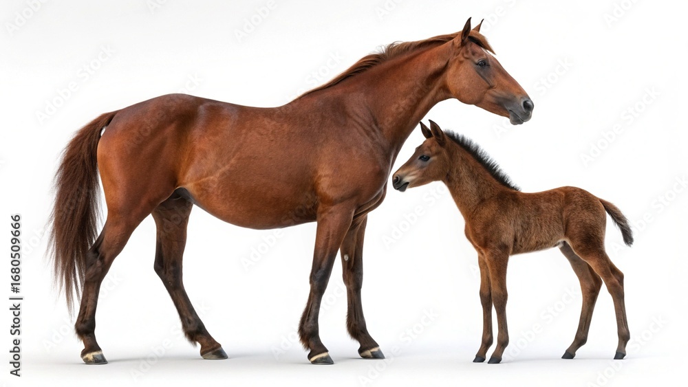 Obraz premium A beautiful brown mare and foal stand in a green summer pasture
