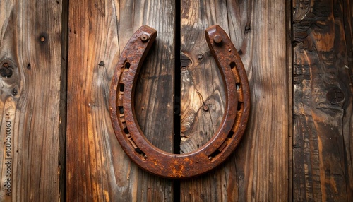Rusty horseshoe on weathered wood