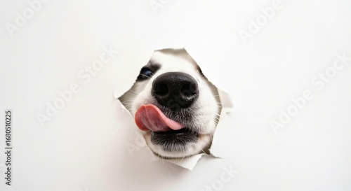 Adorable dog tongue sticking out playfully through torn paper, ready for funny pet food ads or playful animal designs