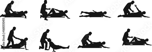 Physiotherapy silhouette, doctor assisting patient, rehabilitation exercise, physical therapy training, stretching recovery, hospital treatment, medical healthcare, patient therapy session