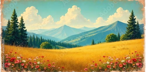 A faded, sun-bleached vintage postcard depicting a scenic landscape, evokes a sense of longing and nostalgic hope for simpler times Perfect for travel, memory, and aspiration themes , path, shadow