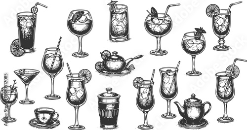 black and white engrave isolated drink set illustration
