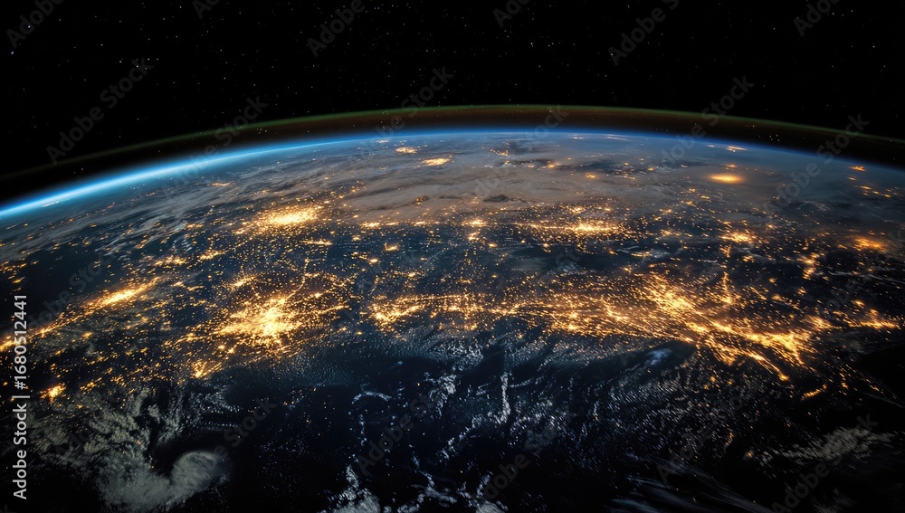 Obraz premium Earth at night, seen from space. Cities glow brightly, contrasting with the dark expanse of ocean and land. A thin ring of atmosphere surrounds the planet