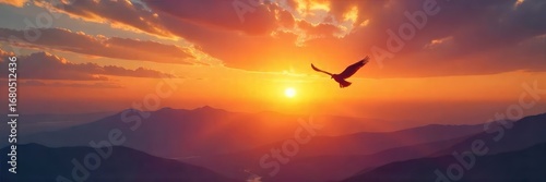 A lone bird takes flight against a vast, breathtaking sunset, symbolizing the boundless possibilities of freedom and the open sky , clouds, blue