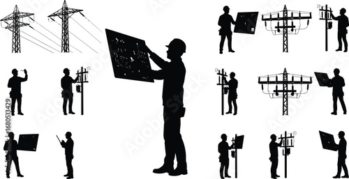 Silhouette electrical engineer with blueprint, technician inspecting power grid, worker checking transmission tower, utility maintenance planning, electricity infrastructure repair, safety work