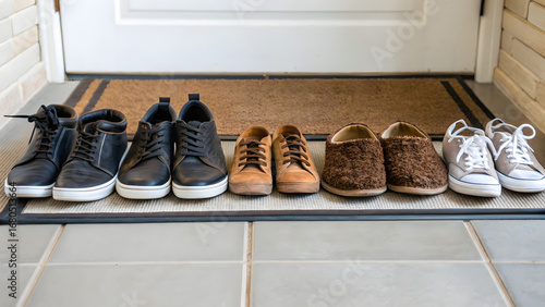 Co-Living Cohousing Shared Four pairs of casual shoes neatly lined up on a doormat by a front door.