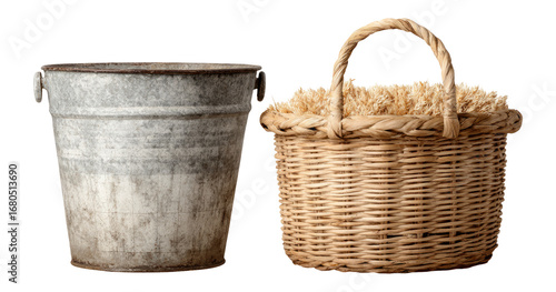 Vintage Bucket and Woven Basket Isolated on Transparent Background