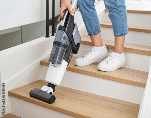 A woman vacuums wooden stairs with a modern cordless vacuum cleaner at home.
