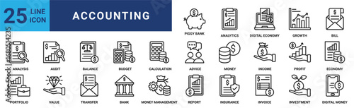 Accounting icon set. Containing audit, analysis, balance, budget, calculation, advice, money, income and more. Solid vector icons collection