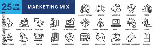Marketing mix icon set. Containing product, price, promotion, sales, target, customer, profit and more. Solid vector icons collection