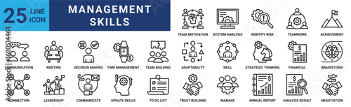 Management skills icon set. Containing advice, meeting, decision, update skills, team, adaptability, strategy and more. Solid vector icons collection