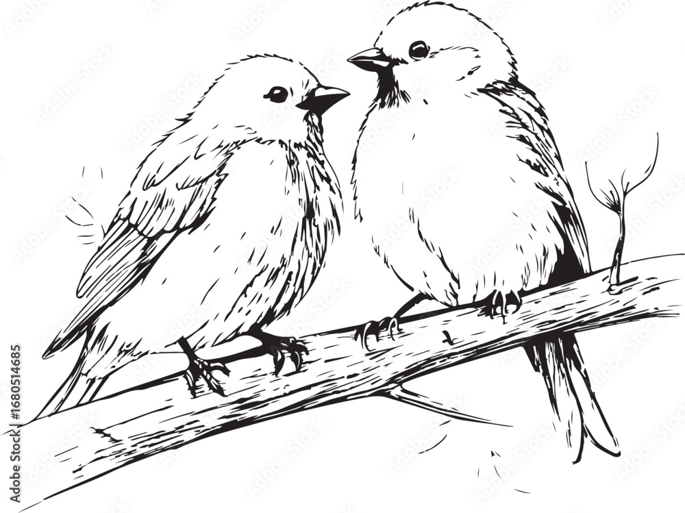 Fototapeta premium Two Small Birds Sitting Together on a Branch couple