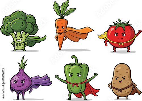 Cartoon Vegetable Superheroes – Broccoli, Carrot, Tomato, Onion, Pepper, Potato – Fun Healthy Food Hero Vector Illustration for Kids and Education