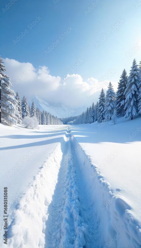 Obraz premium A pristine, snow-covered landscape stretches to a silent horizon, untouched and serene; perfect stillness, a winter wonderland of absolute quietude , horizon, nature