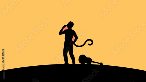 Abstract vector art of a Hanuman-like silhouette, deep in thought next to a guitar, under a warm, glowing sunset