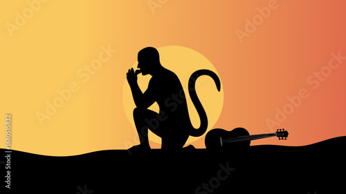 Meditative Hanuman vector silhouette at a vibrant sunset, a peaceful mythical figure with a guitar, embodying spiritual reflection and wisdom concept design