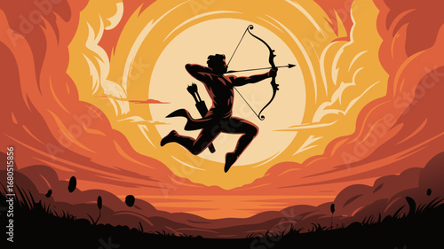Dynamic vector illustration of hanuman, the legendary archer, leaping powerfully against a stunning sunset, symbolizing strength and mythological heroism