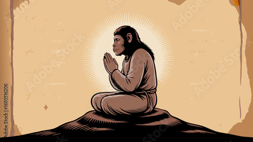 Spiritual chimpanzee meditating like the god Hanuman, a divine primate in a prayer pose, a creative vector illustration with a vintage aesthetic