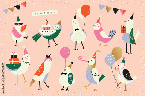 Collection of birthday party birds cartoon character design. Birthday party vector illustration for greeting card, invitation, event, poster, sticker, prints.

