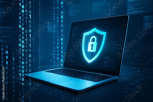 Cybersecurity and Data Protection Concept – Laptop Screen with Glowing Shield and Padlock Symbol over Digital Binary Background
