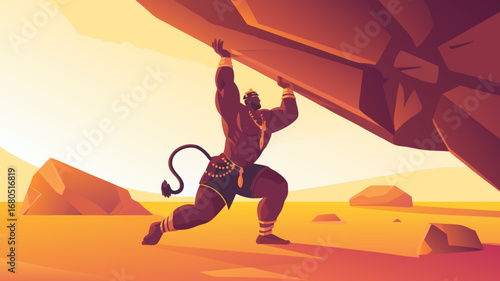 Dynamic vector illustration portraying the powerful hanuman lifting a massive mountain with Herculean strength, a symbolic image of perseverance and epic mythological might