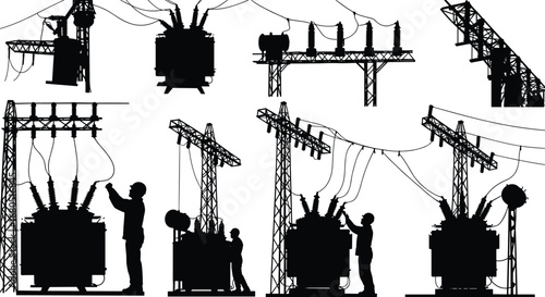 Silhouette electrician at power substation, high voltage tower, energy distribution, transformer repair, electrical maintenance, electricity service, utility infrastructure safety