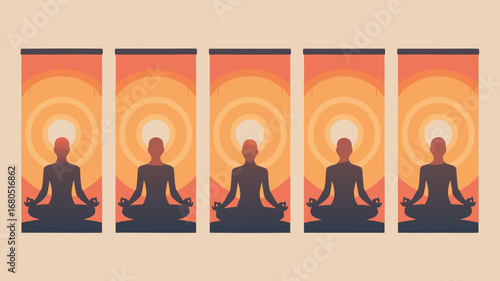 Vector illustration of serene meditating figures, symbolizing inner peace, spiritual discipline, and the steadfast focus associated with the concept of Hanuman's devotion