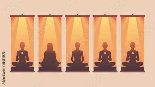 Serene vector art of meditating figures in golden light, embodying peace and spiritual focus, inspired by hanuman