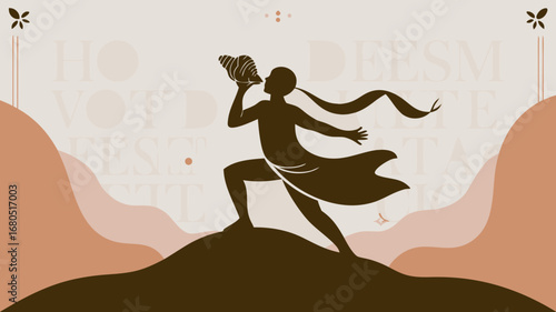 Dynamic vector illustration portraying a mythical warrior figure, evocative of hanuman, standing heroically on a mountain peak, blowing a powerful conch shell under a stylized sky