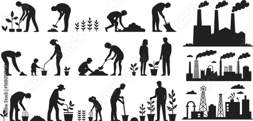 Silhouette illustration of people planting trees and gardening contrasted with industrial pollution, factories, and environmental themes for eco concept.