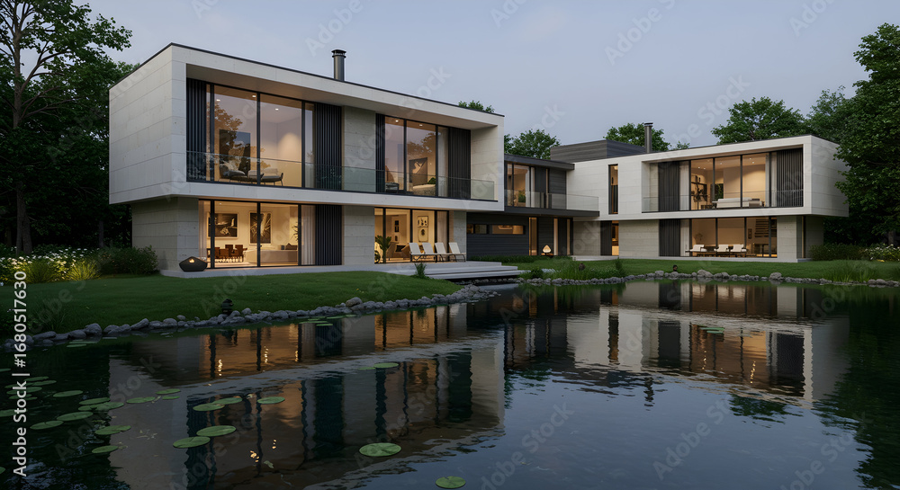 Fototapeta premium A house with a pond or small lake nearby