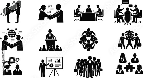 Business meeting teamwork, professional collaboration, corporate partnership, leadership discussion, group presentation, handshake agreement, office teamwork