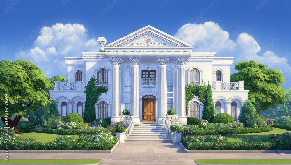 Obraz premium Grand, white mansion with classical columns, expansive lawn, and lush landscaping under a vibrant sky