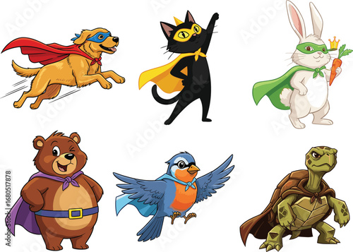 Superhero Animals Vector Set Featuring Dog, Cat, Rabbit, Bear, Bird, Turtle in Capes – Fun Kids Cartoon Illustration