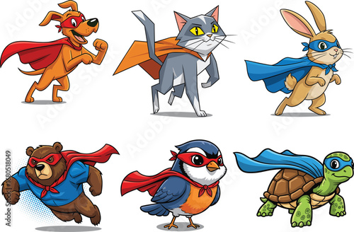 Superhero Animals Vector Set with Dog, Cat, Rabbit, Bear, Bird, Turtle in Masks and Capes – Fun Kids Cartoon Art