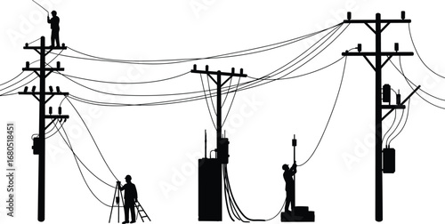 Silhouette electrician on power pole, utility worker fixing electric line, technician repairing cable, engineer maintaining transmission wires, electrical system installation