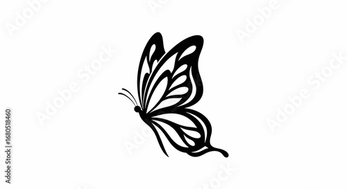 Black butterfly outline flying left on white background flat illustration logo