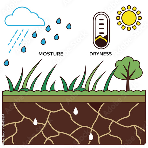 Visualizing Climate Dynamics: A detailed graphic illustrating the interaction of moisture, dryness, and the effects of sunlight on soil and vegetation
