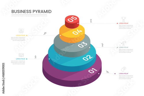 3d business pyramid infographic template with 5 colorful layered steps and strategy icons vector.