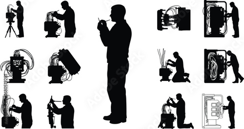 Silhouette electrician repairing control panel, electrical technician with wires, maintenance worker fixing cables, power engineer, utility repair, wiring service