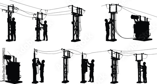 Silhouette electrician repairing transformer, working on power lines, utility pole maintenance, high voltage repair, electrical energy distribution, construction safety worker