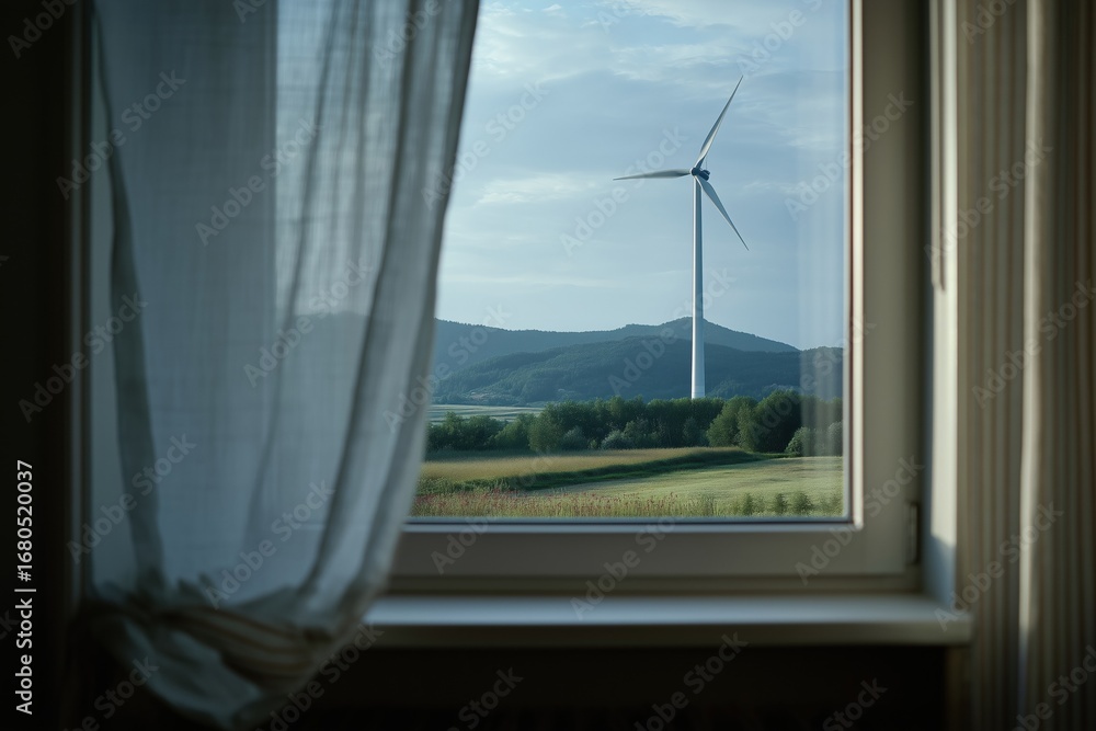 Obraz premium Wind Turbine Seen Through Private Home Window — Domestic Renewables View